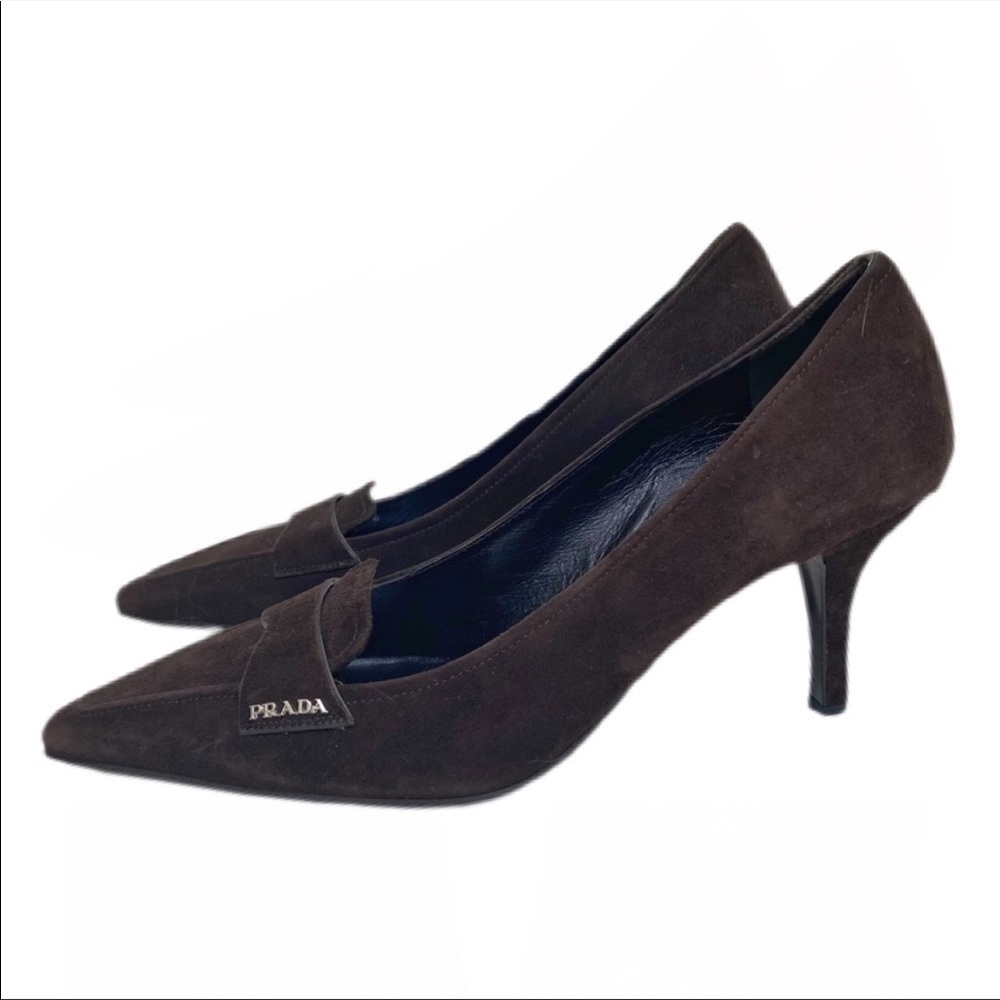 98. Prada NWT Brown Suede Square Pointed Toe Logo Pump 36